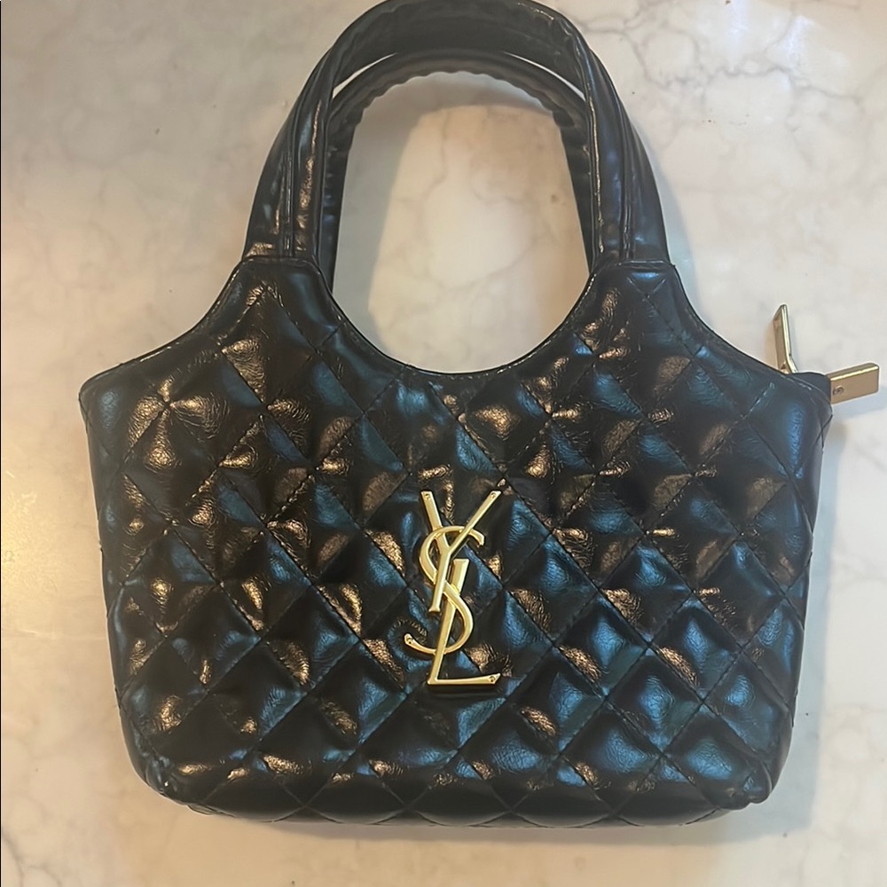 Yves Saint Laurent Black Quilted Tote with Gold Logo